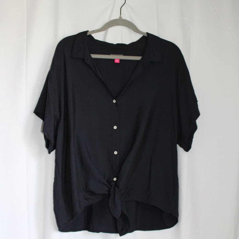 Vince Camuto Navy Blue Front Tie Button Down Collared Short Sleeve Top
